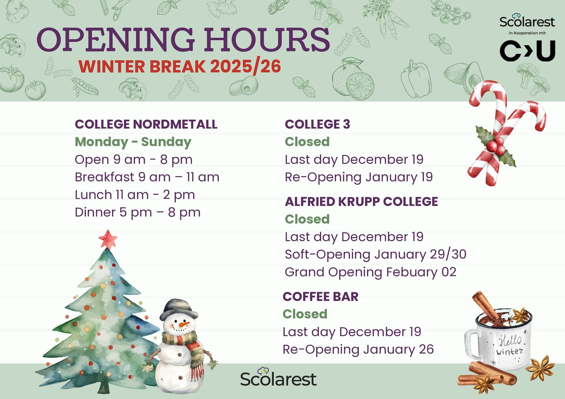 Servery Opening Hours Winter Break 2025-2026