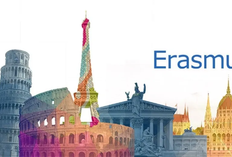 European landmarks collage showcasing the Erasmus+ international exchange program
