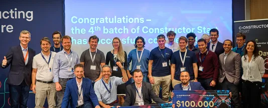 The 16 finalists and three winners from Batch 4 of Constructor Start pose at Demo Day, held September 21 at Constructor University.