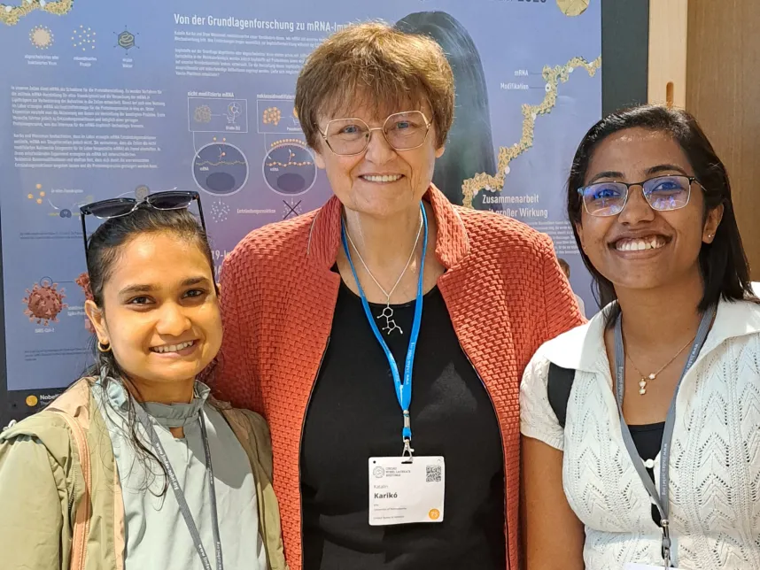 Dr. Vinaya Siby (right) with Nobel Laureate Katalin Karikó (middle), recipient of the 2023 Nobel Prize in Physiology or Medicine.